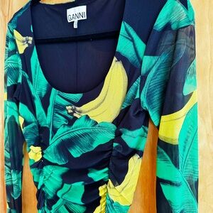 GANNI Banana Print Ruched Midi Dress Stretch Mesh - Size 2